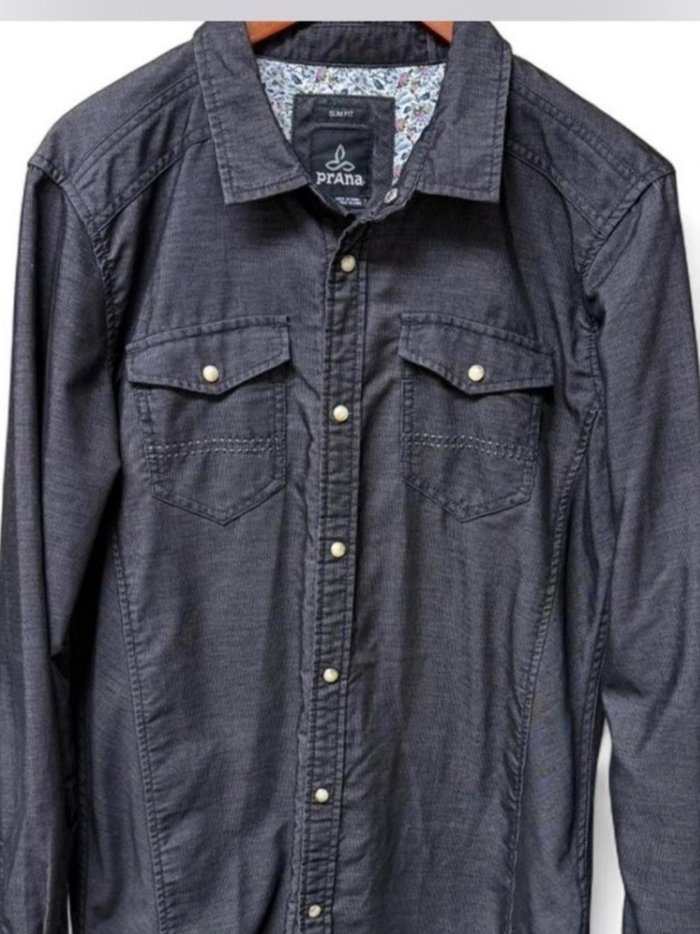 Prana Men's Kellan black gray Corduroy Slim Fit button up shirt large